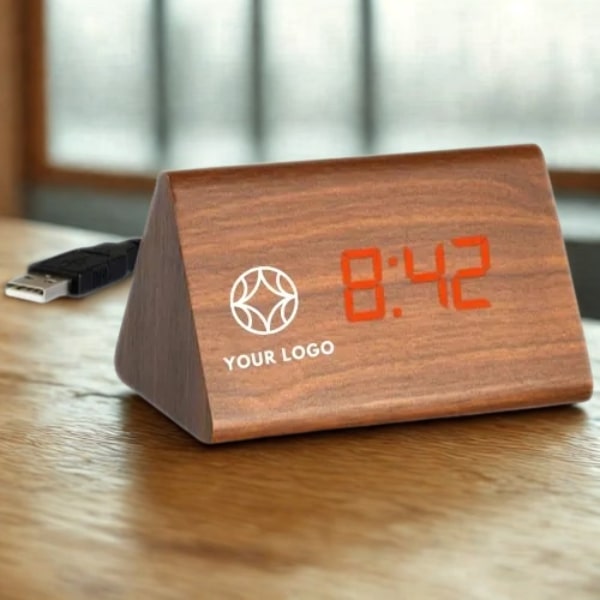 Triangle LED Wooden Clock| Buy Alarm Clock with logo