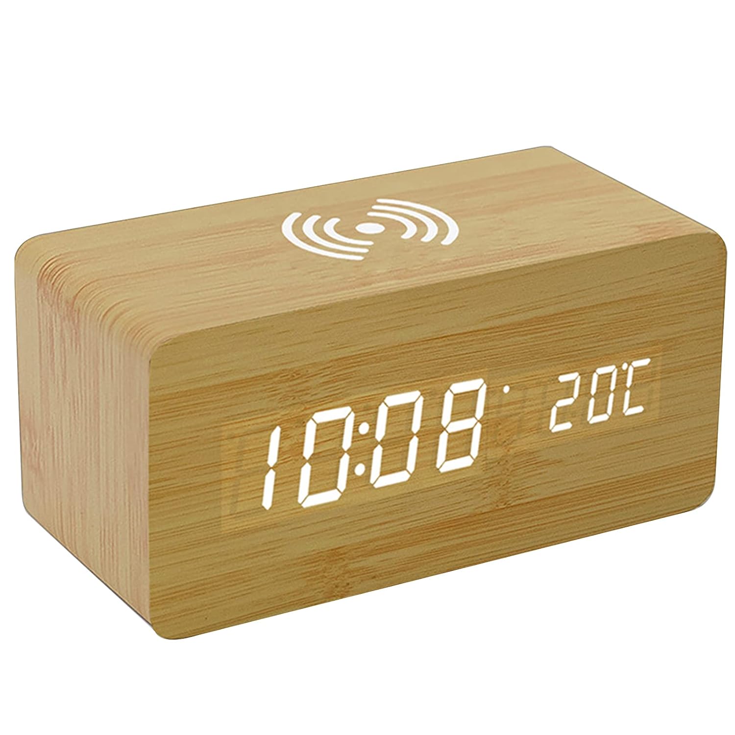 Wooden Digital Alarm Clock with Wireless Charging